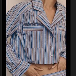 Anthro Striped Blue Cropped Oversized Boxy Button-Front Women's Top